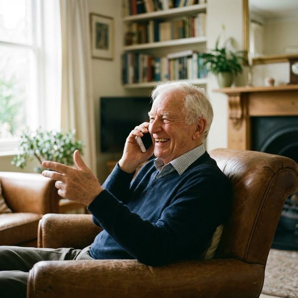 Älterer Mann genießt ein Telefongespräch mit SilverFriend